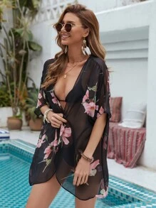 Floral Print Sheer Chiffon Kimono, For Summer Beach Vacation - Multicolor - View 3
