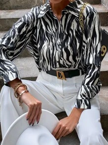 Blusa de rayas de cebra con botón delantero - Blanco y Negro - Ver 1