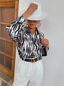 Blusa de rayas de cebra con botón delantero - Blanco y Negro - Ver 3