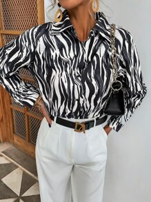 Blusa de rayas de cebra con botón delantero - Blanco y Negro - Ver 5