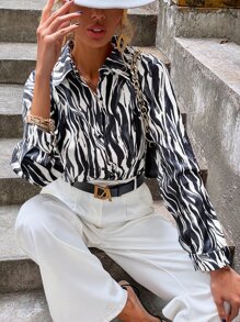 Blusa de rayas de cebra con botón delantero - Blanco y Negro - Ver 6