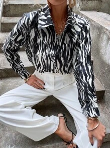Blusa de rayas de cebra con botón delantero - Blanco y Negro - Ver 7
