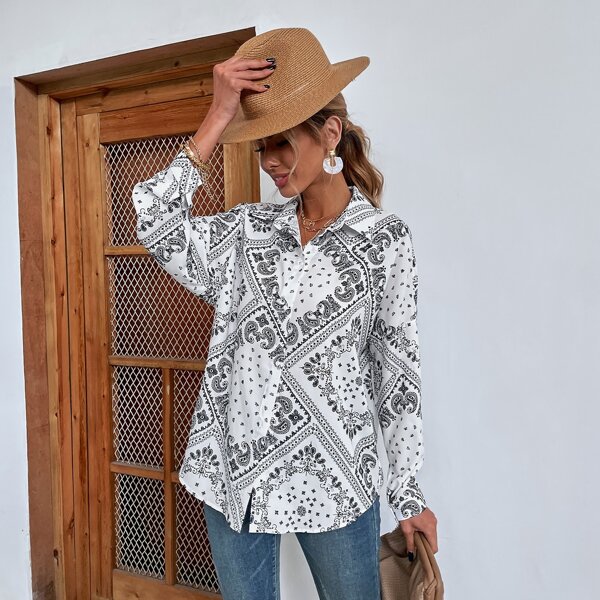 

Paisley Print Drop Shoulder Oversized Blouse, Black and white