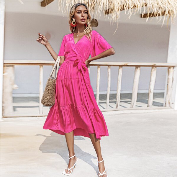 

Surplice Neck Belted A-line Dress, Hot pink