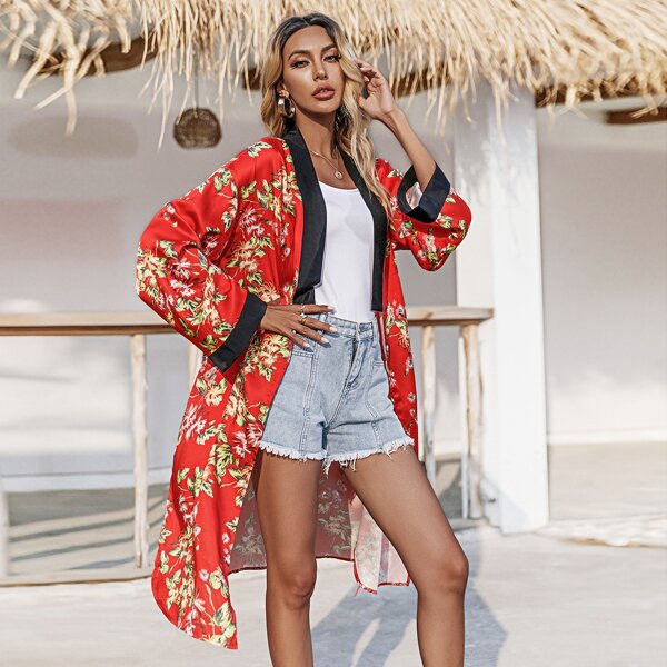 

Floral Split Hem Self Tie Kimono, Red