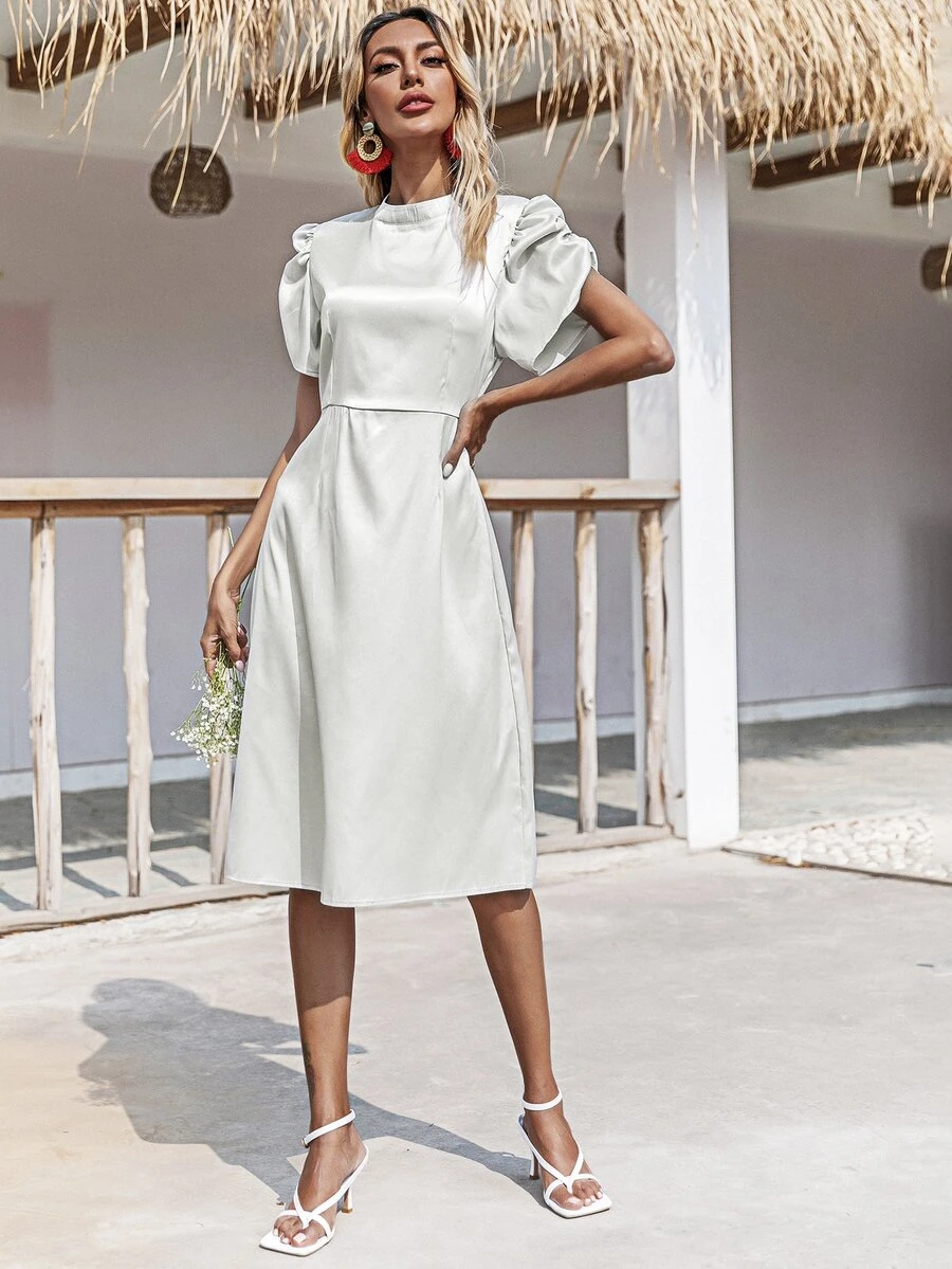 Đầm Chia màu trơn Thanh lịch - Bạc - Xem 1