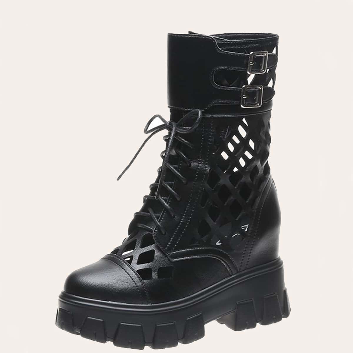 

Hollow Out Lace-up Combat Boots, Black