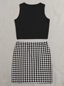 SHEIN Essnce 羅紋針織背心上衣和大方格紋半身裙套裝 - 黑與白 - 查看 2