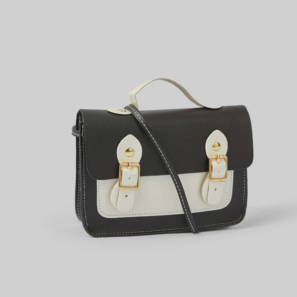 

Double Buckle Colorblock Satchel Bag, Black and white