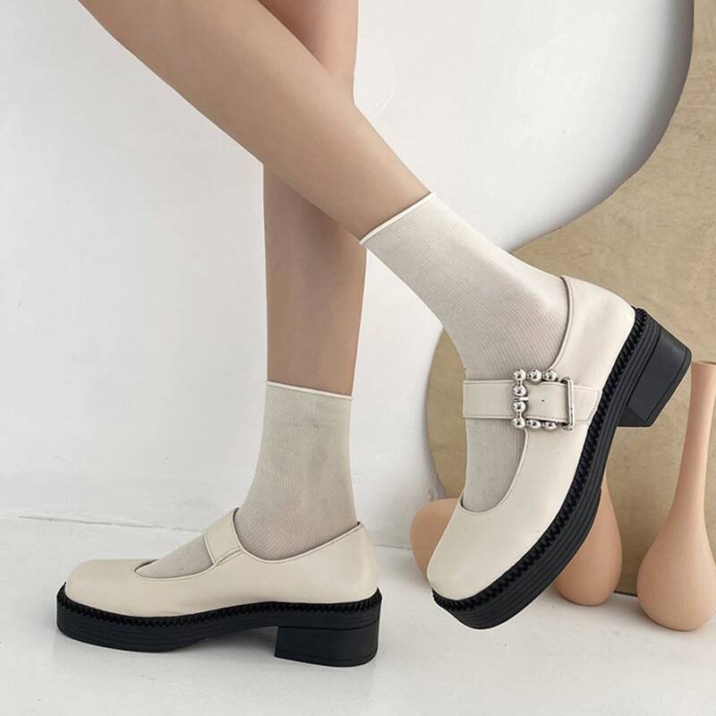 

Bead Buckle Chunky Heeled Mary Jane Pumps, Beige