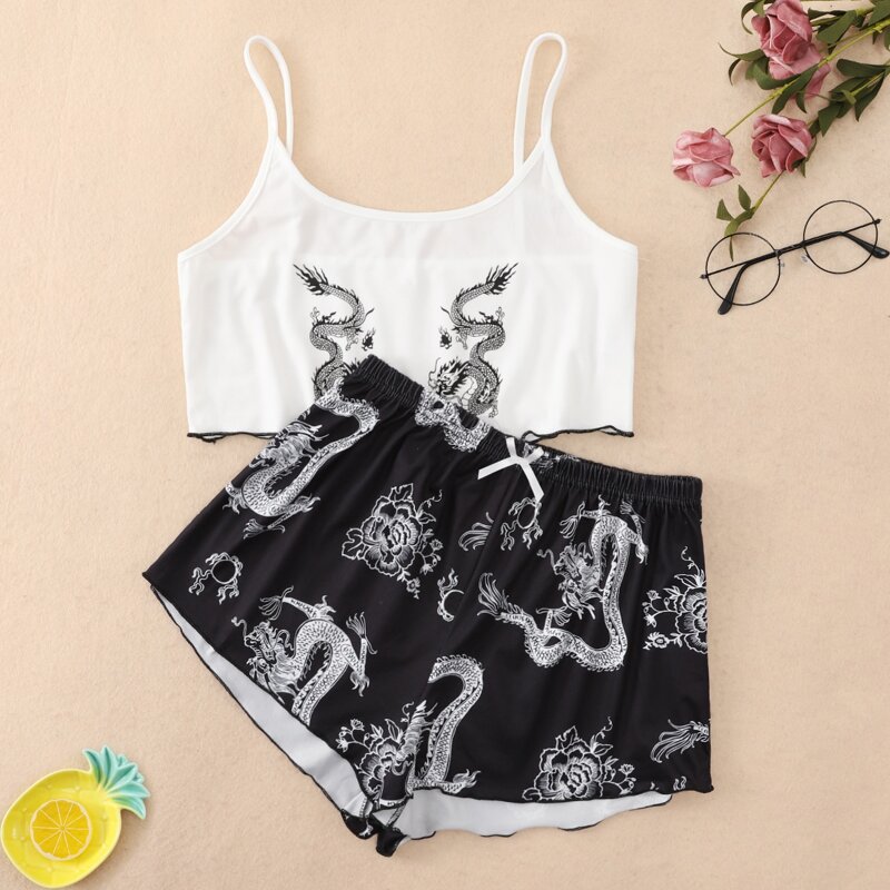 

Chinese Dragon Print Cami Pajama Set, Black and white