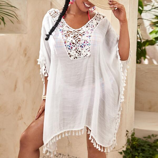 

Plus Hollow Out Tassel Hem Cover Up, White