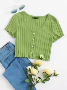 SHEIN Qutie Button Up Rib-knit Crop Top - Lime Green - View 1