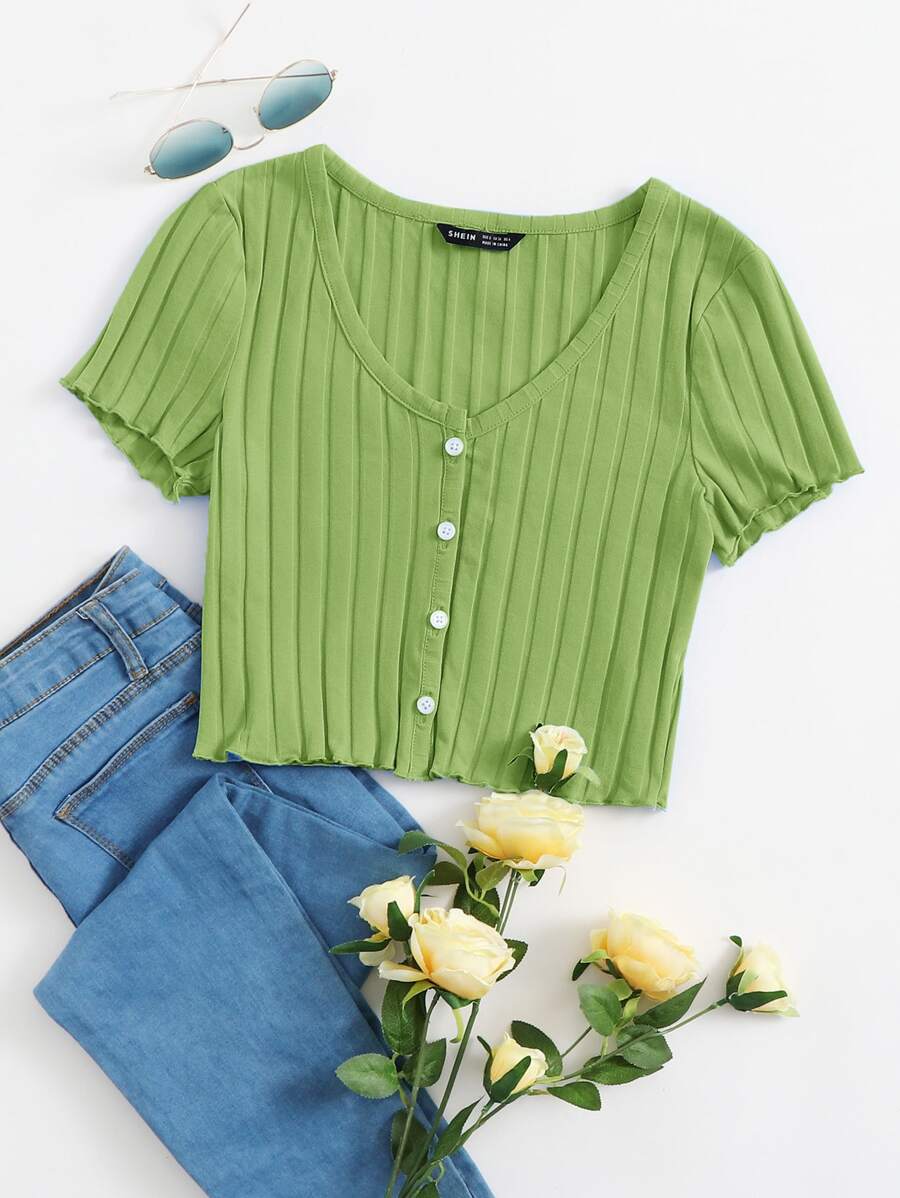SHEIN Qutie Button Up Rib-knit Crop Top - Lime Green - View 1