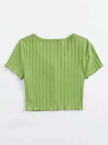 SHEIN Qutie Button Up Rib-knit Crop Top - Lime Green - View 2