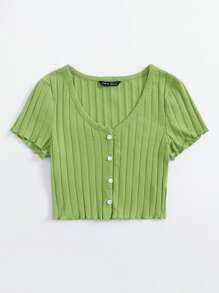 SHEIN Qutie Button Up Rib-knit Crop Top - Lime Green - View 4