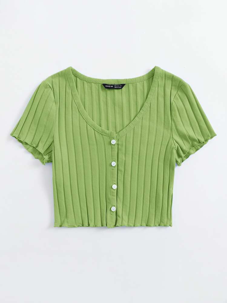 SHEIN Qutie Button Up Rib-knit Crop Top - Lime Green - View 4