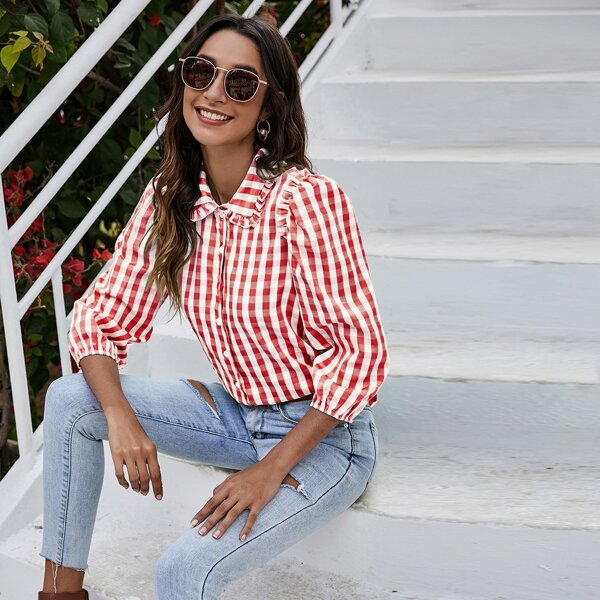

Frill Trim Gingham Blouse, Red and white