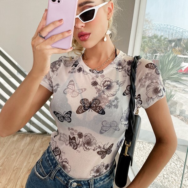 

Butterfly Print Mesh Top Without Bra, Multicolor