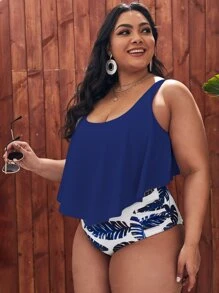 Plus Size Tropical Hanky Hem Tankini Summer Beach - Blue and White - View 1