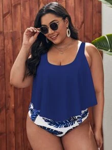 Plus Size Tropical Hanky Hem Tankini Summer Beach - Blue and White - View 3