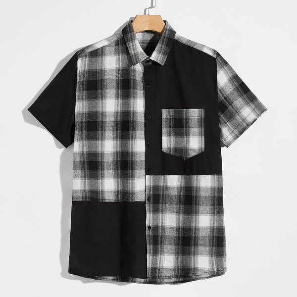 

Men Plaid Button Up Spliced Shirt, Black and white