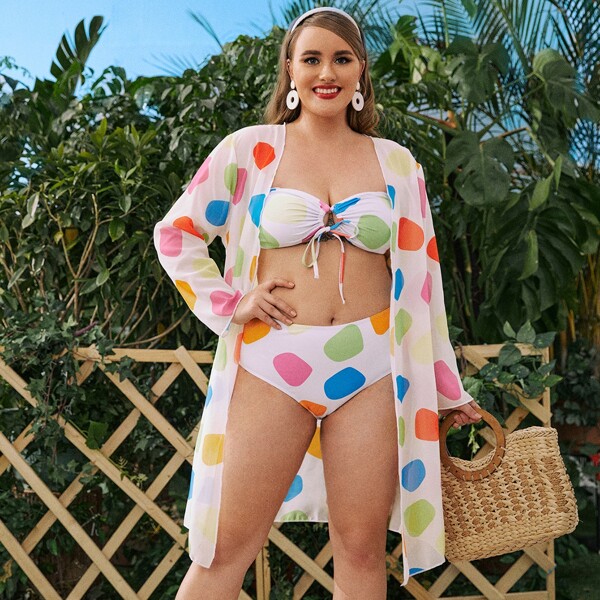 

3pack Polka Dot Bandeau Bikini Swimsuit & Kimono, Multicolor