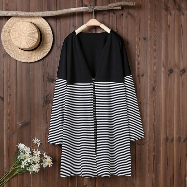 

Plus Striped Panel Open Front Kimono, Black and white