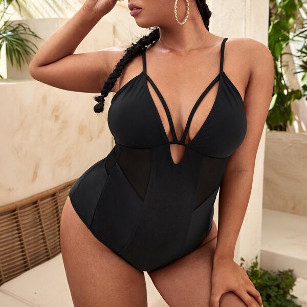 

Plus Mesh Insert One Piece Swimsuit, Black