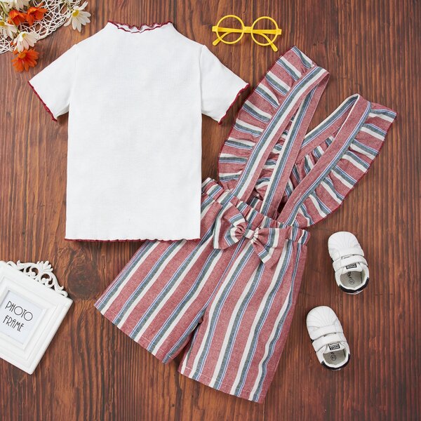 

Toddler Girls Contrast Binding Rib-knit Tee With Suspender Shorts, Multicolor