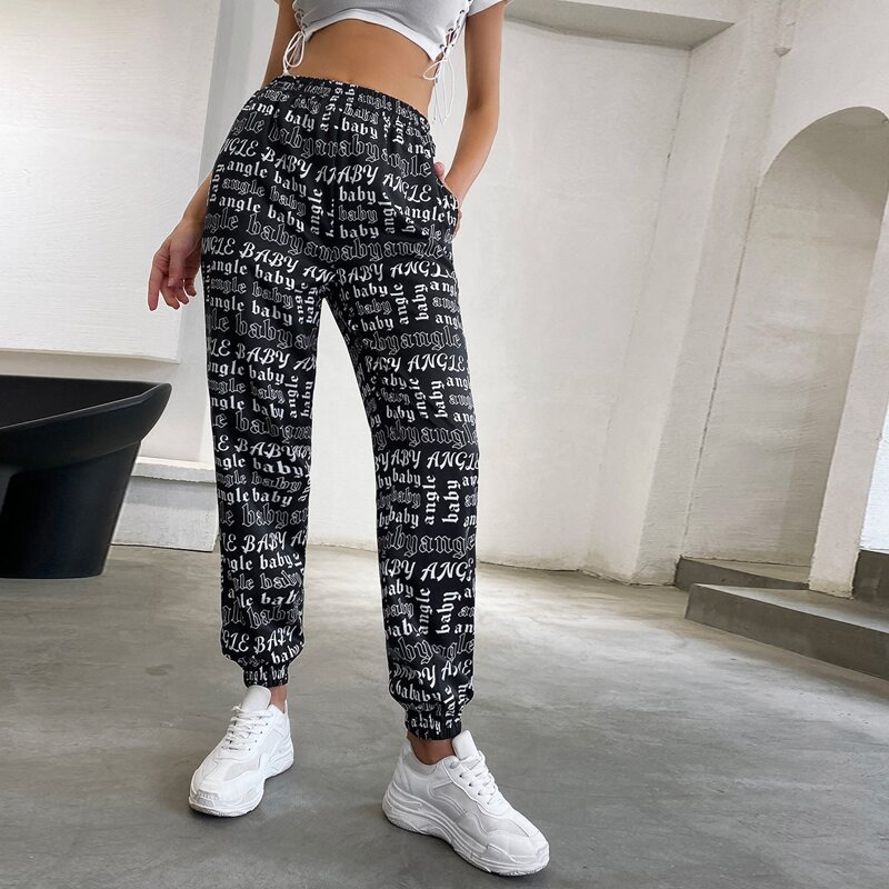 

Allover Letter Graphic Elastic Waist Pants, Black