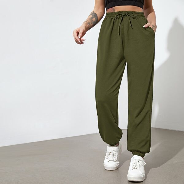 

Solid Slant Pocket Drawstring Sports Pants, Army green