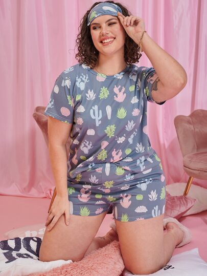 Plus Cactus Print PJ Set & Eye Mask