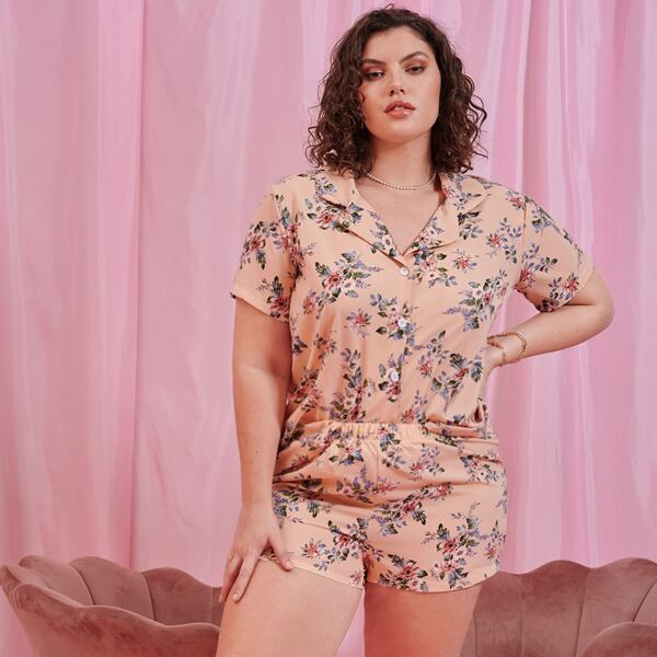 

Plus Allover Floral Print Pajama Set, Multicolor