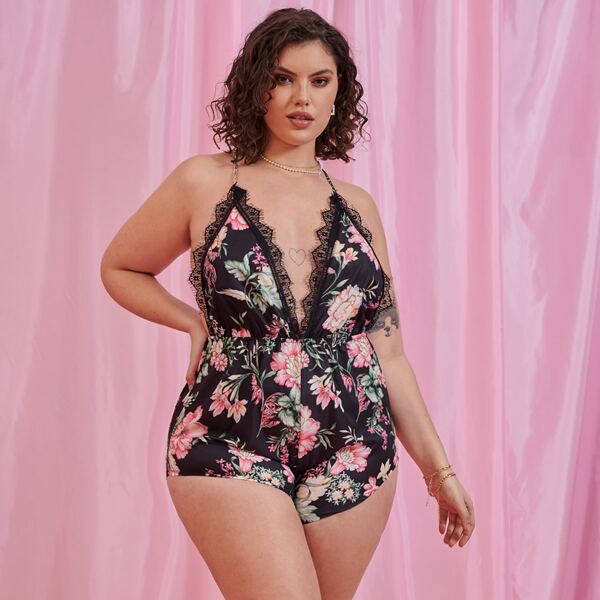 

Plus Floral Contrast Lace Sleep Romper, Multicolor