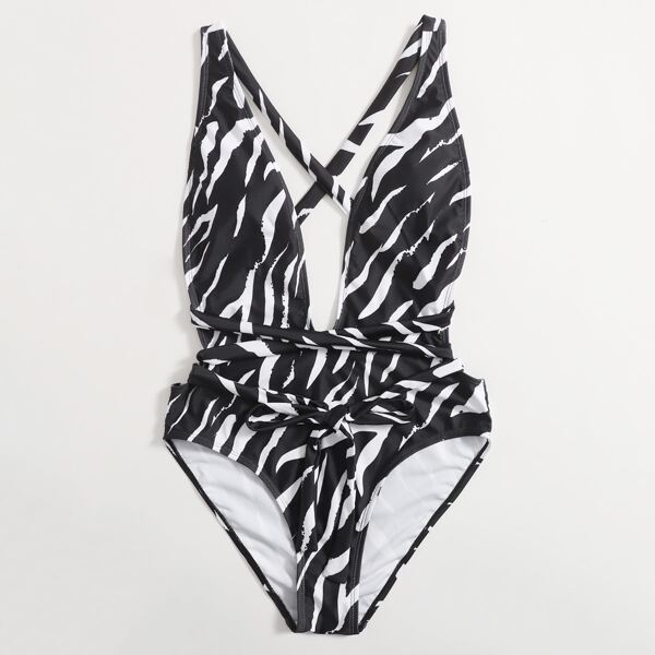 

Zebra Striped Plunging One Piece Swimsuit, Black and white