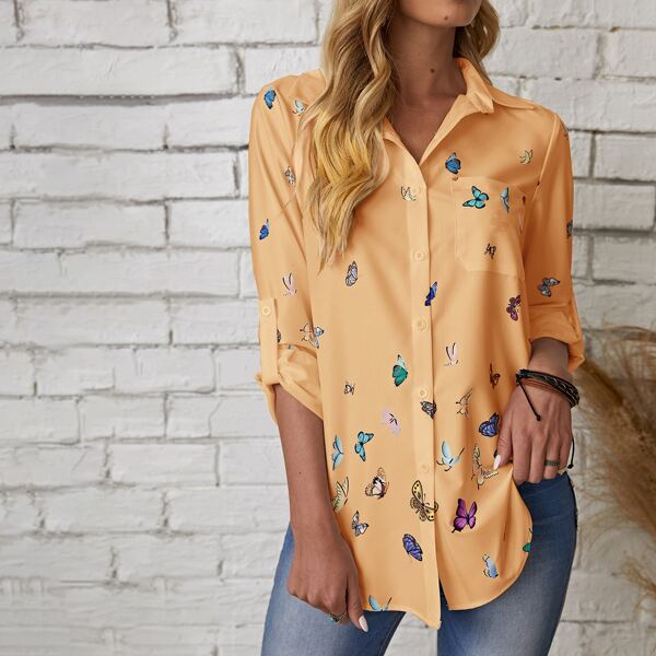 

Butterfly Print Curved Hem Blouse, Orange pastel