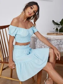 D&M Bộ thời trang Viên lá sen màu trơn Boho - Màu xanh nhạt - Xem 5