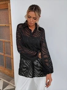 SHEIN LUNE Bishop Sleeve Button Front Sheer Blouse - Black - View 6