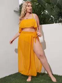 Plus Size 3packs Dobby Mesh Bikini Set With Beach Skirt Summer Beach