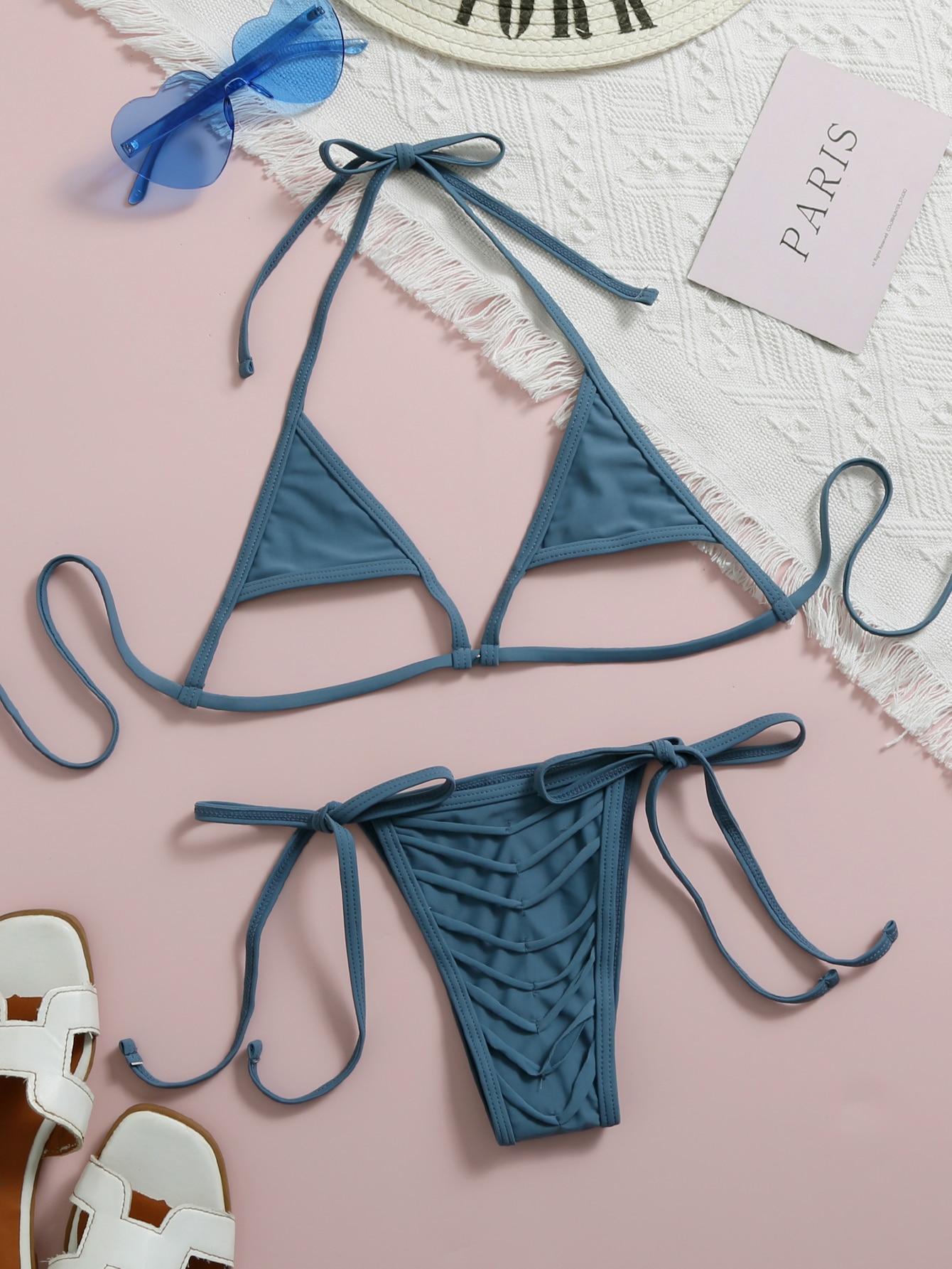 Bikini Donna 2 Pezzi - Top Triangolo E Slip Thong, Reggiseno Imbottito, Tessuto Morbido Per Spiaggia - Foto 10