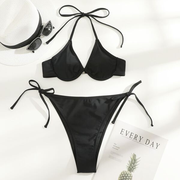 

Halter Underwire Tie Side Bikini Swimsuit, Black