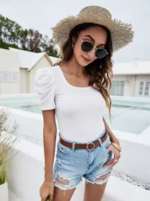 SHEIN Unity 泡泡袖羅紋針織T恤 - 白色 - 查看 1