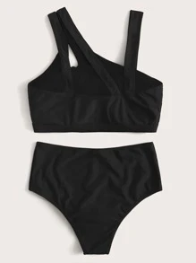 Cut-Out High Waisted Bikini Set, For Summer Beach Vacation - Black - View 2