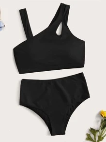 Cut-Out High Waisted Bikini Set, For Summer Beach Vacation - Black - View 4