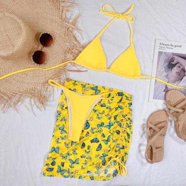 

3pack Triangle Bikini Swimsuit & Butterfly Print Beach Skirt, Yellow
