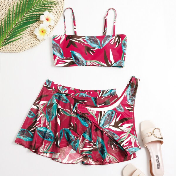 

3pack Leaf Print Bikini Swimsuit With Beach Skirt, Red