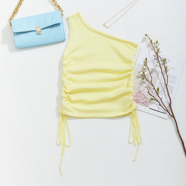 

One Shoulder Drawstring Side Knit Top, Yellow