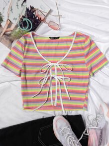 Rainbow Stripe Tie Front Crop Top - Multicolor - View 1