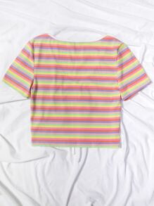 Rainbow Stripe Tie Front Crop Top - Multicolor - View 2